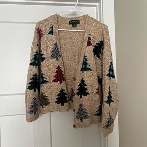 Vintage Women's Beige Cardigan with Tree Design